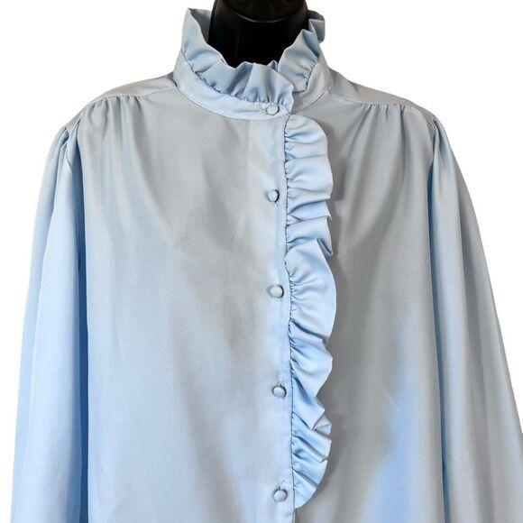 Vintage 70s Clovis Ruffin Baby Blue Ruffle Trim Blouse - Picture 2 of 9